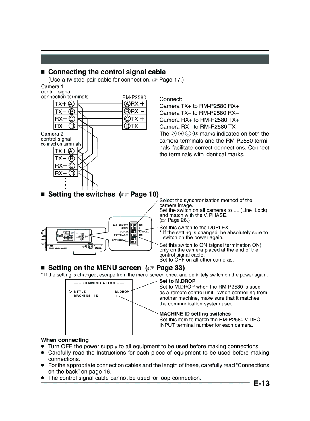 JVC TK-C1481 manual  Connecting the control signal cable,  Setting the switches ,  Setting on the Menu screen  