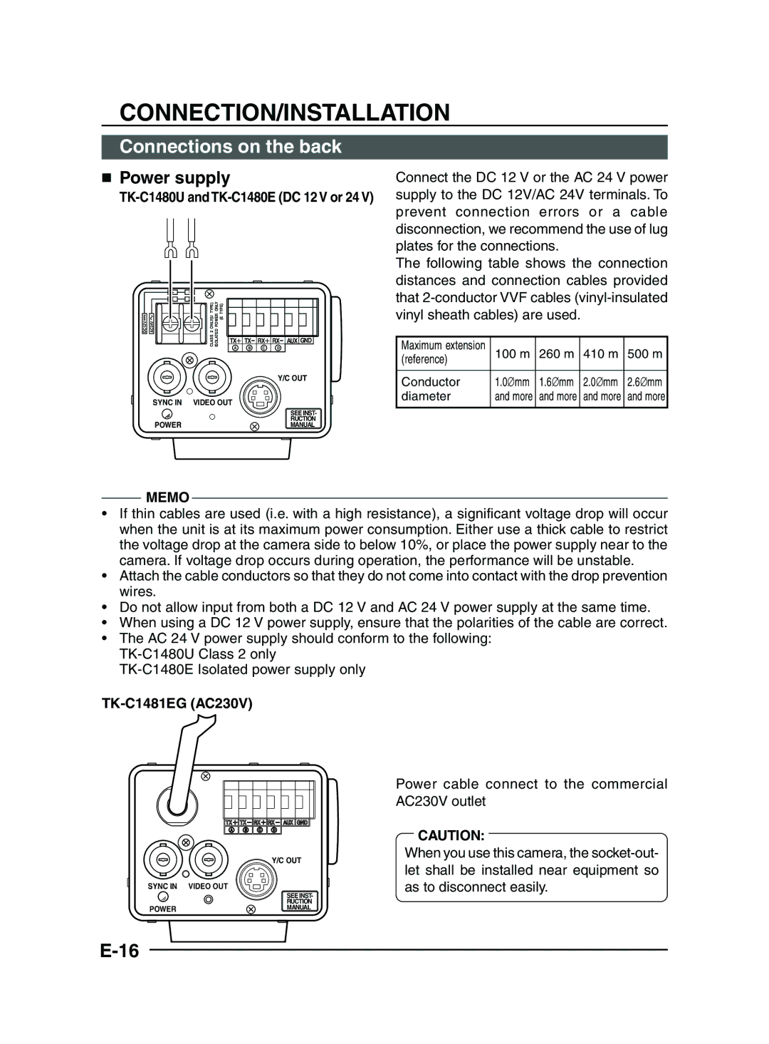 JVC manual Connections on the back,  Power supply, TK-C1481EG AC230V 