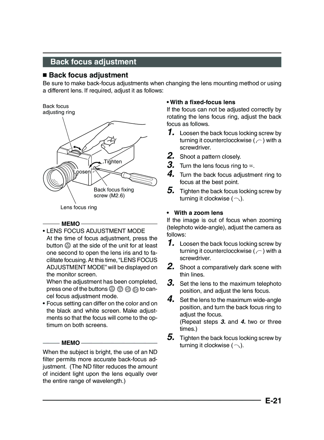 JVC TK-C1481 manual  Back focus adjustment, With a fixed-focus lens, Lens Focus Adjustment Mode, With a zoom lens 