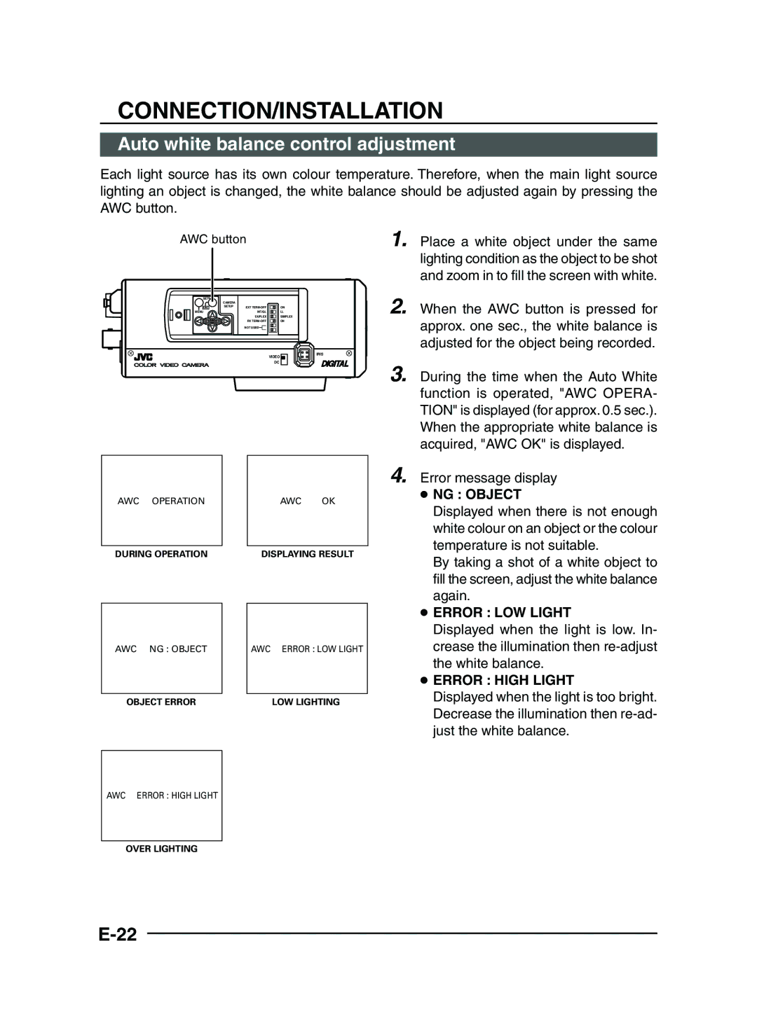 JVC TK-C1481 manual Auto white balance control adjustment, Error message display 