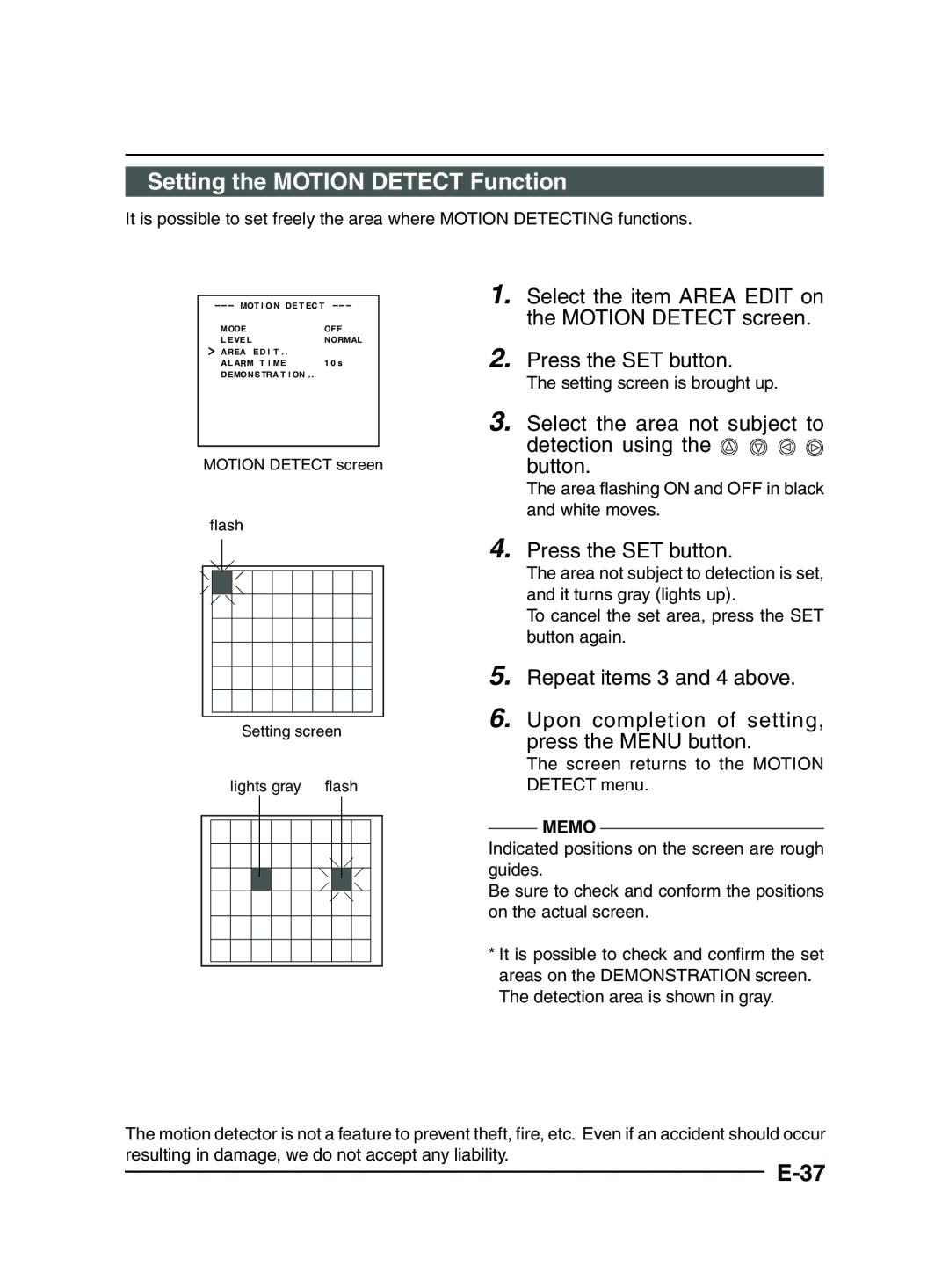 JVC TK-C1481 Setting the Motion Detect Function, Select the item Area Edit on, Motion Detect screen, Press the SET button 