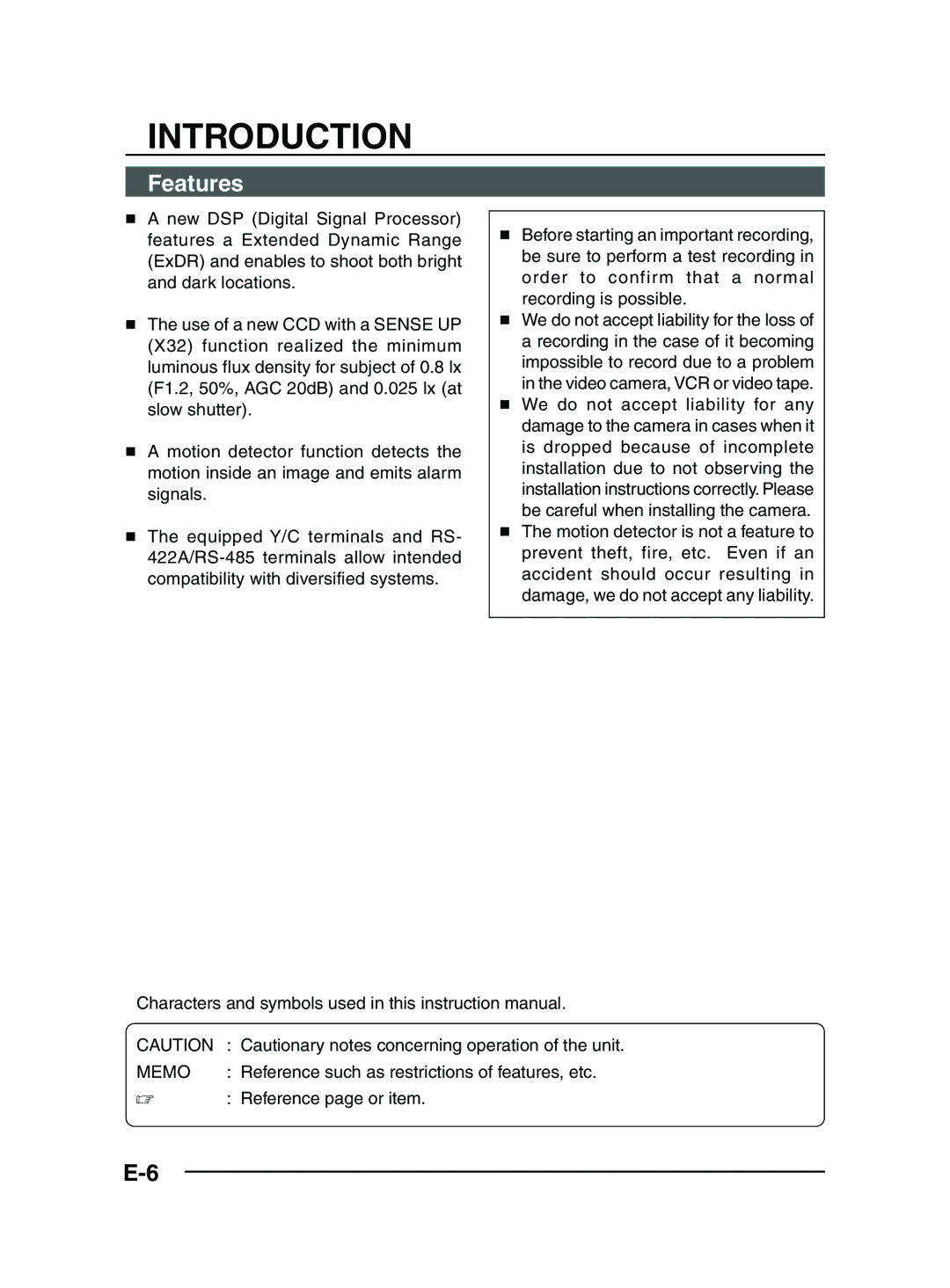 JVC TK-C1481 manual Features, Memo,  Reference page or item 