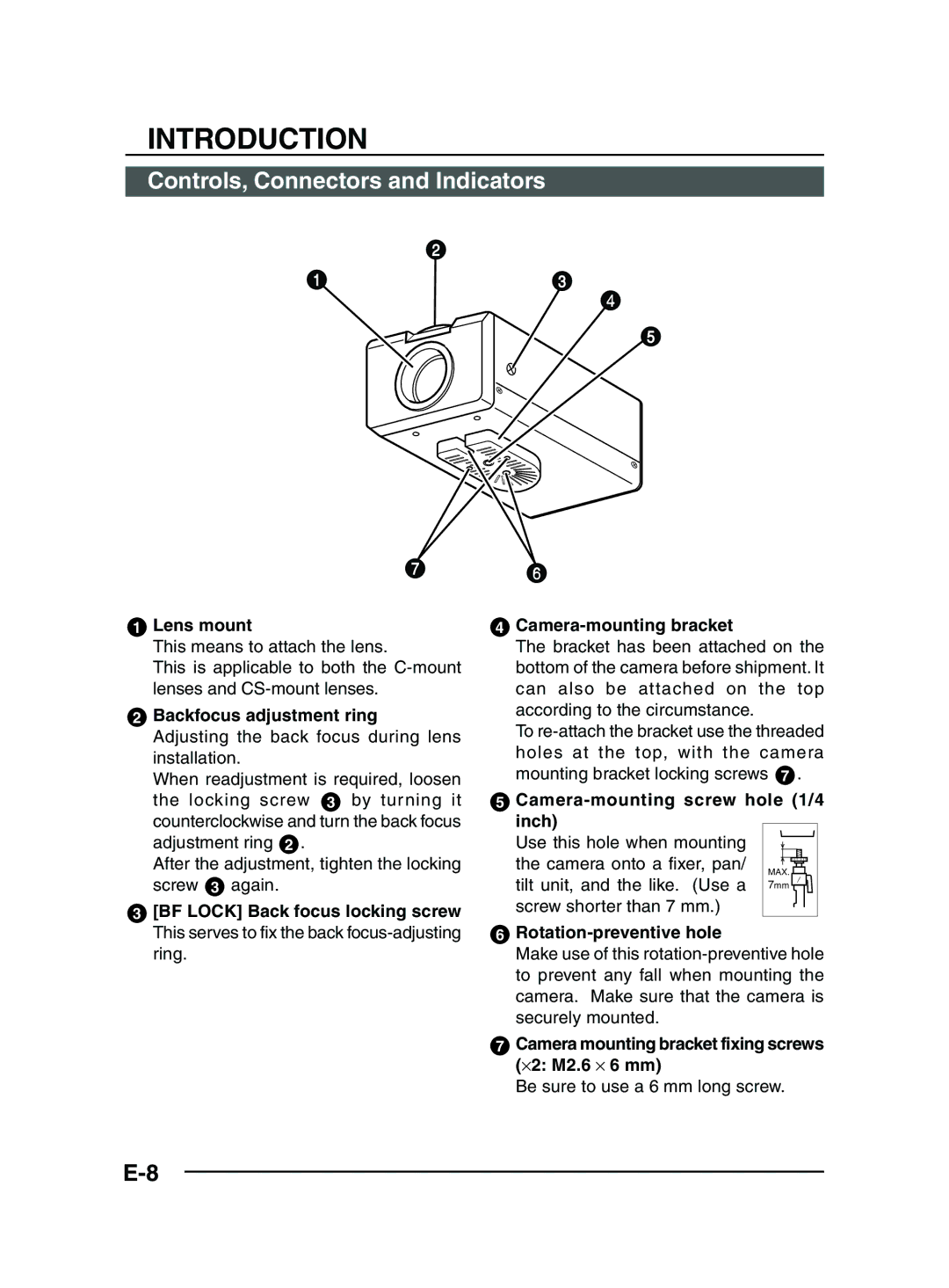 JVC TK-C1481 manual Controls, Connectors and Indicators, Lens mount, Camera-mounting screw hole 1/4 inch 