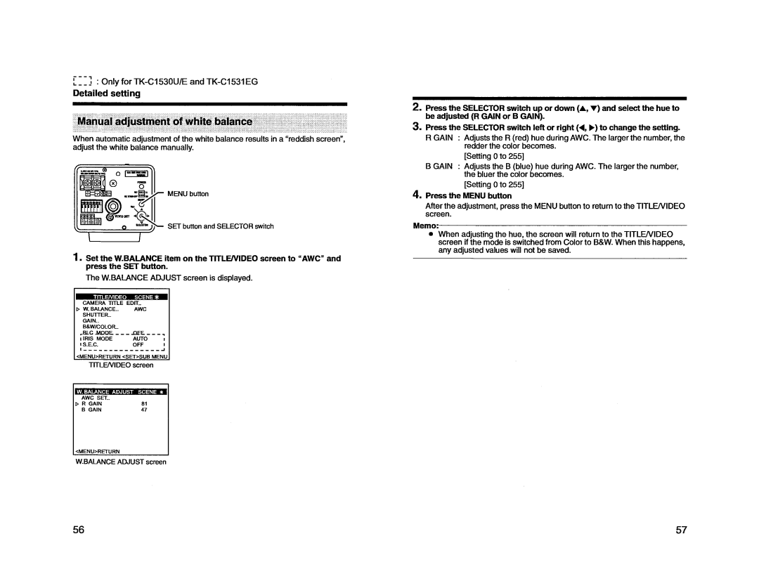 JVC TK-C925E, TK-C1530U, TK-C1530E, TK-C1531EG, TK-C926EG, TK-C925U manual 