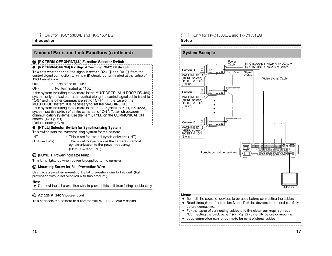 JVC TK-C926EG, TK-C1530U Setup System Example, Power Power indicator lamp, Mounting Screw for Fall Prevention Wire, Memo 