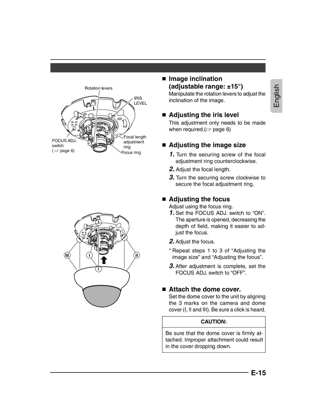 JVC TK-C205 manual  Image inclination Adjustable range ±15,  Adjusting the iris level,  Adjusting the image size 