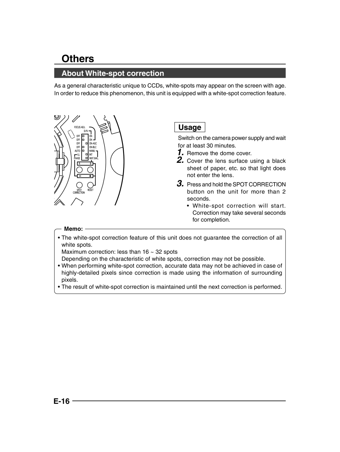 JVC TK-C205 manual Others, About White-spot correction, Usage, Memo 