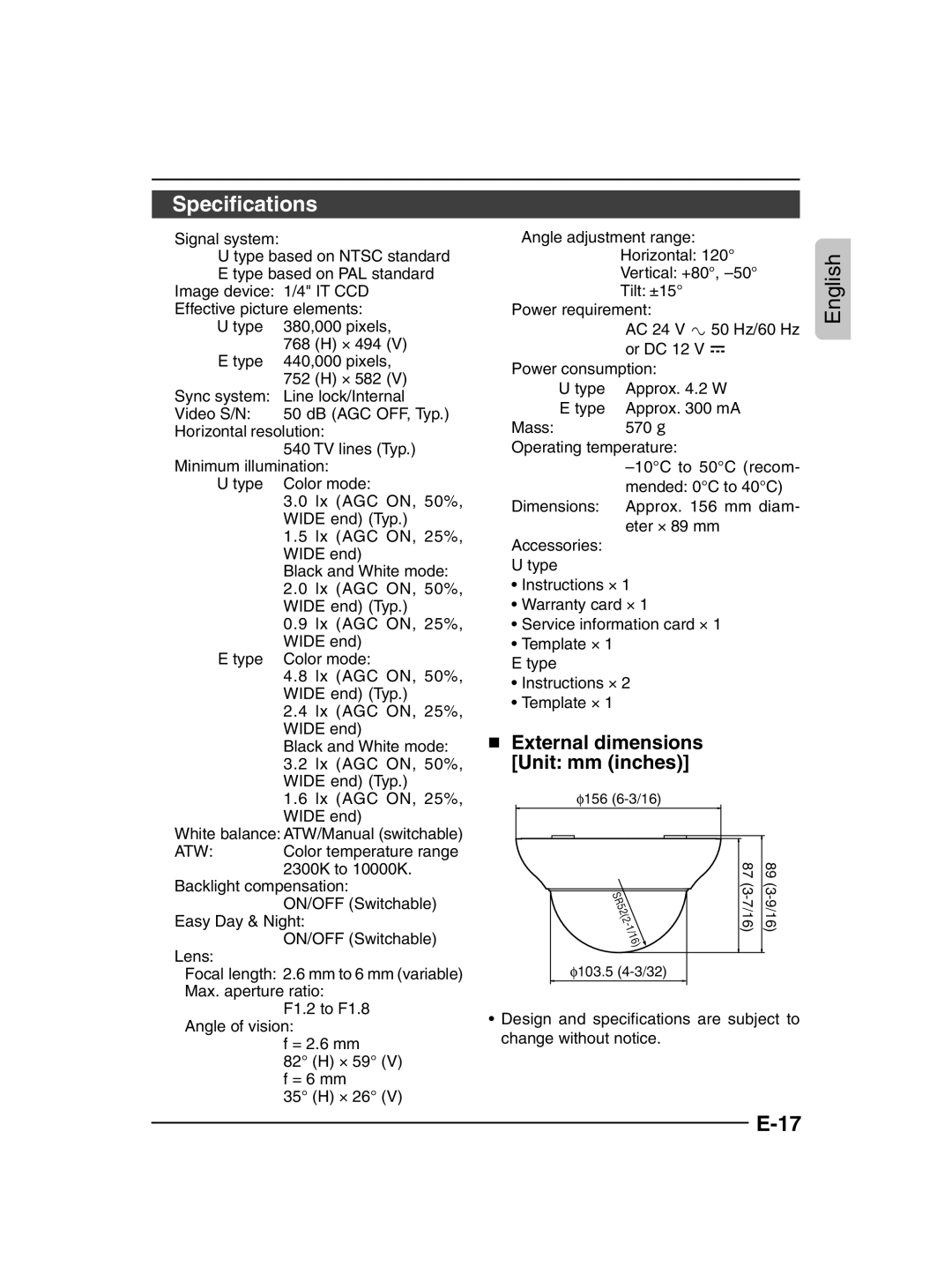 JVC TK-C205 manual Specifications,  External dimensions Unit mm inches 