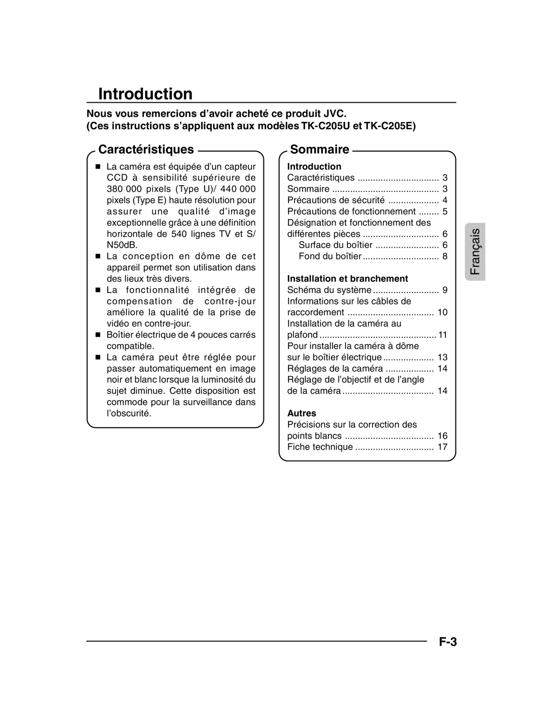 JVC TK-C205 manual Caractéristiques, Sommaire, Installation et branchement, Autres 