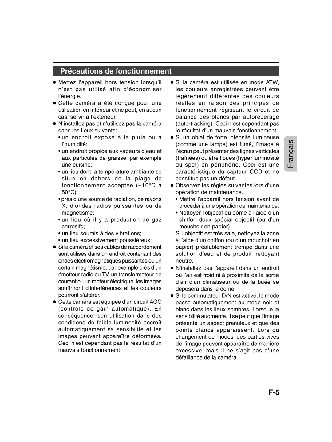 JVC TK-C205 manual Précautions de fonctionnement 