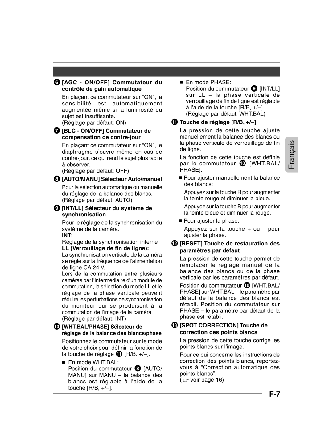 JVC TK-C205 AGC ON/OFF Commutateur du contrôle de gain automatique, BLC ON/OFF Commutateur de compensation de contre-jour 