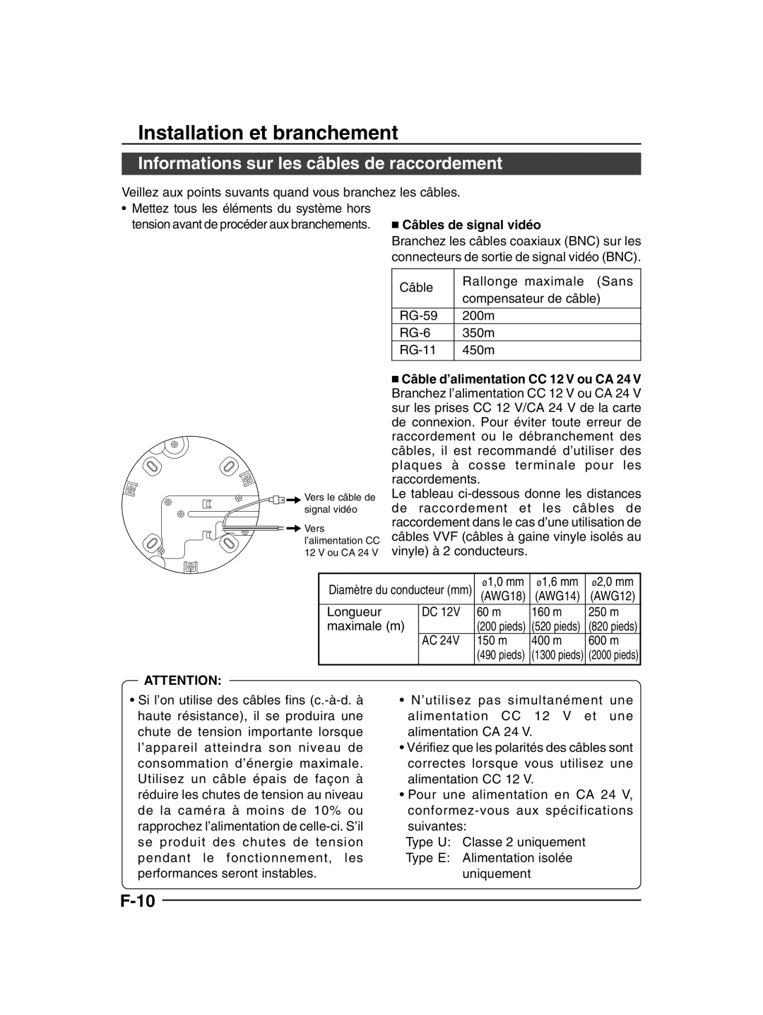 JVC TK-C205 manual Installation et branchement, Informations sur les câbles de raccordement 