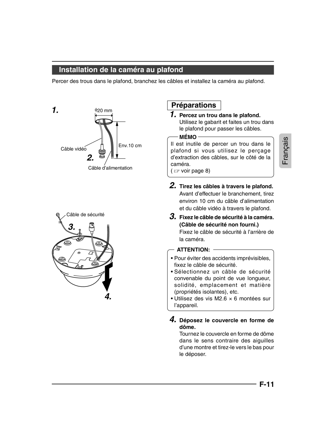 JVC TK-C205 manual Installation de la caméra au plafond, Préparations, Percez un trou dans le plafond 