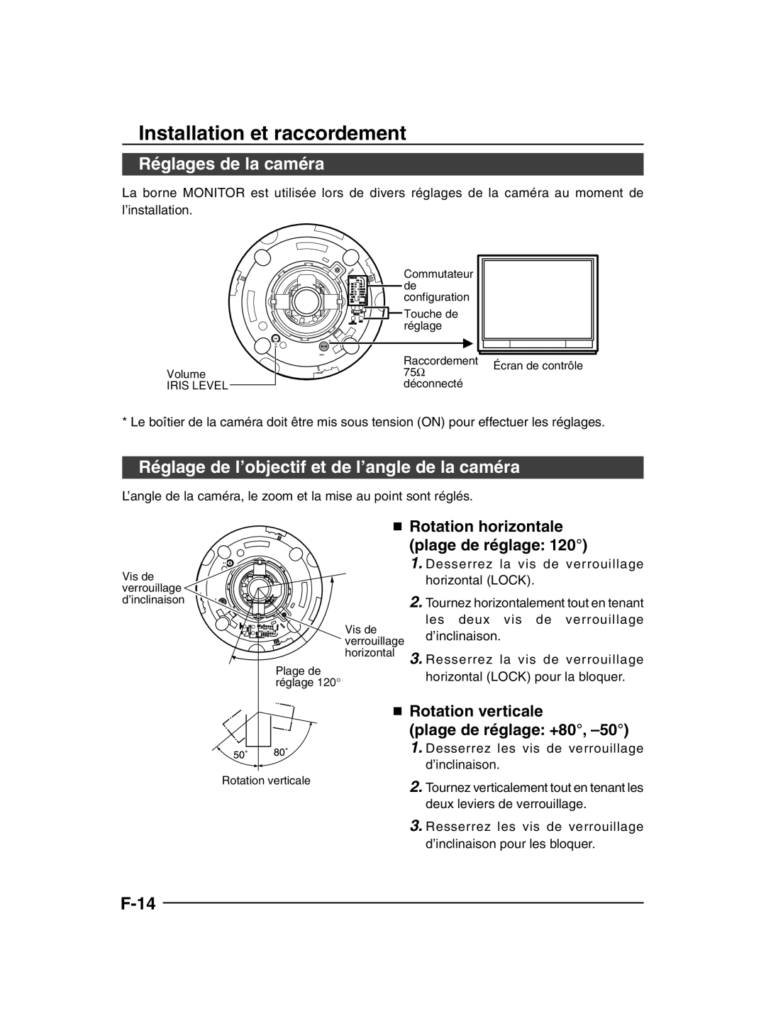 JVC TK-C205 manual Réglages de la caméra, Réglage de l’objectif et de l’angle de la caméra,  Rotation verticale 