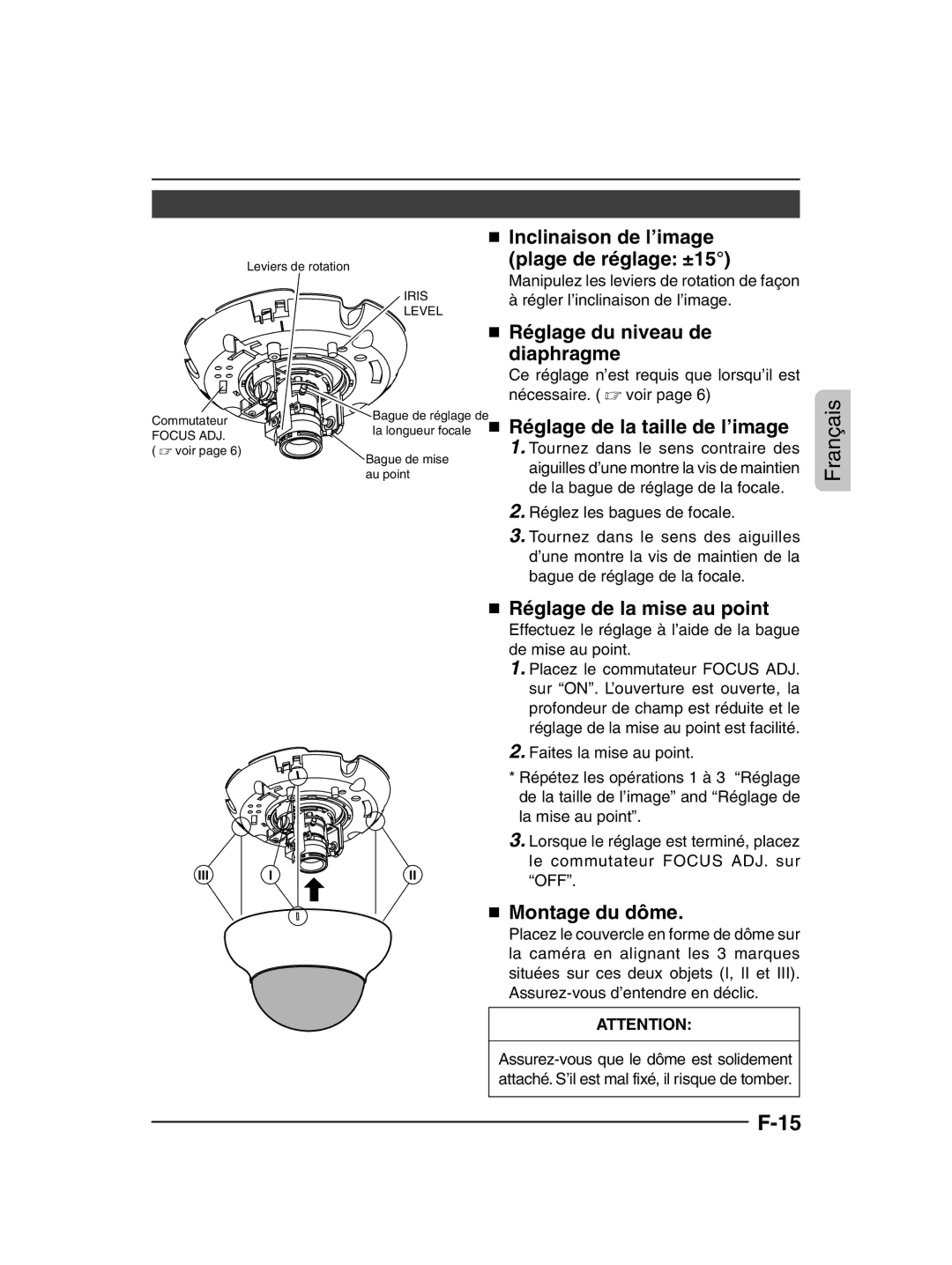 JVC TK-C205 manual  Inclinaison de l’image Plage de réglage ±15,  Réglage du niveau de Diaphragme,  Montage du dôme 