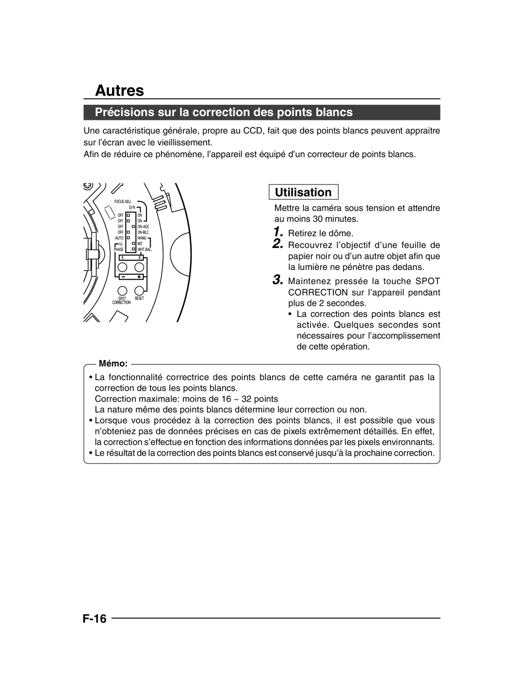 JVC TK-C205 manual Autres, Précisions sur la correction des points blancs, Utilisation, Mémo 