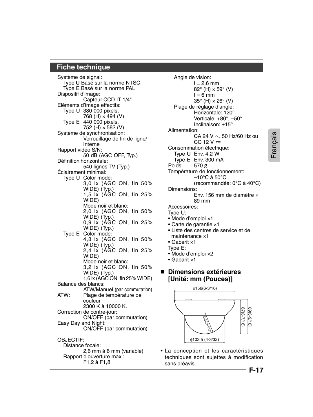 JVC TK-C205 manual Fiche technique,  Dimensions extérieures Unité mm Pouces 