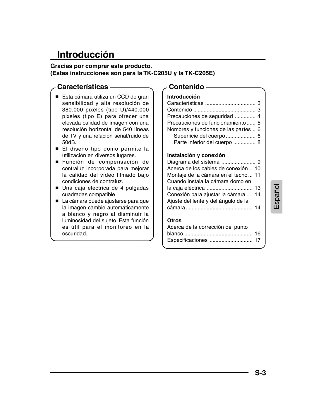 JVC TK-C205 manual Introducción, Características, Contenido 