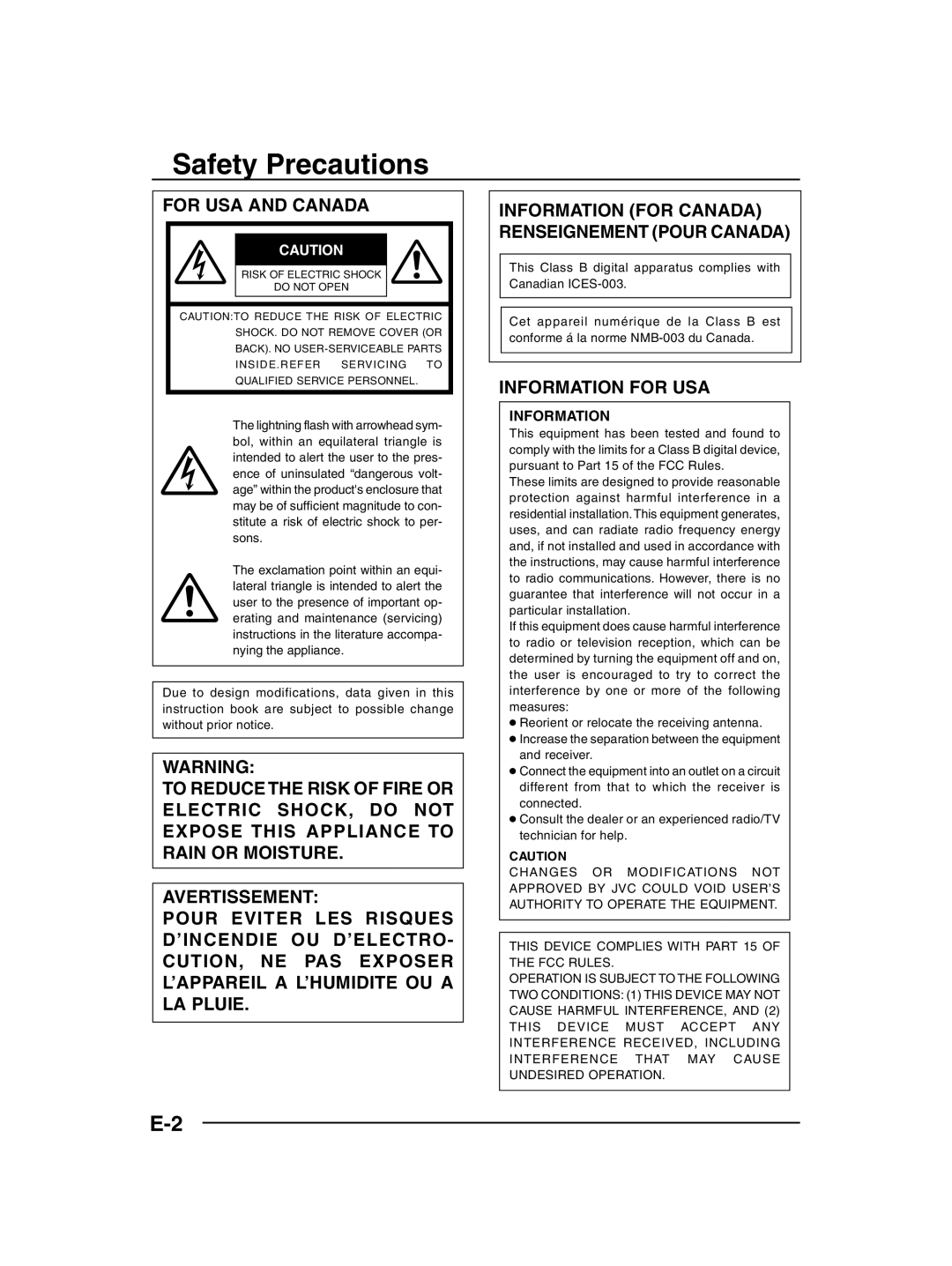 JVC TK-C205 manual Safety Precautions, For USA and Canada 