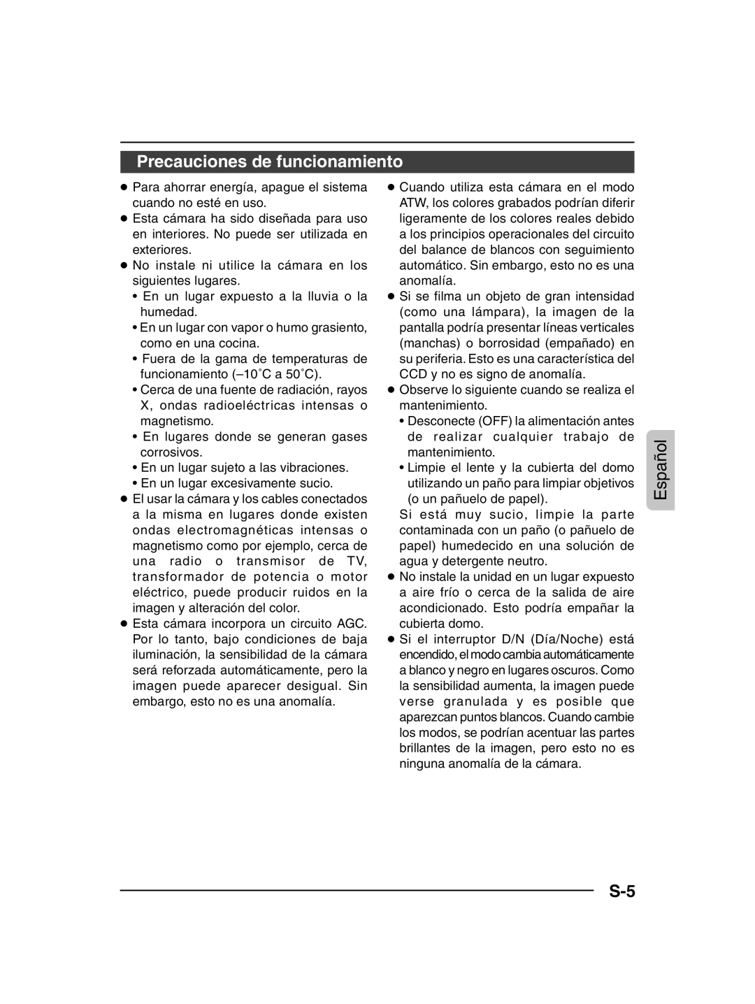 JVC TK-C205 manual Precauciones de funcionamiento 