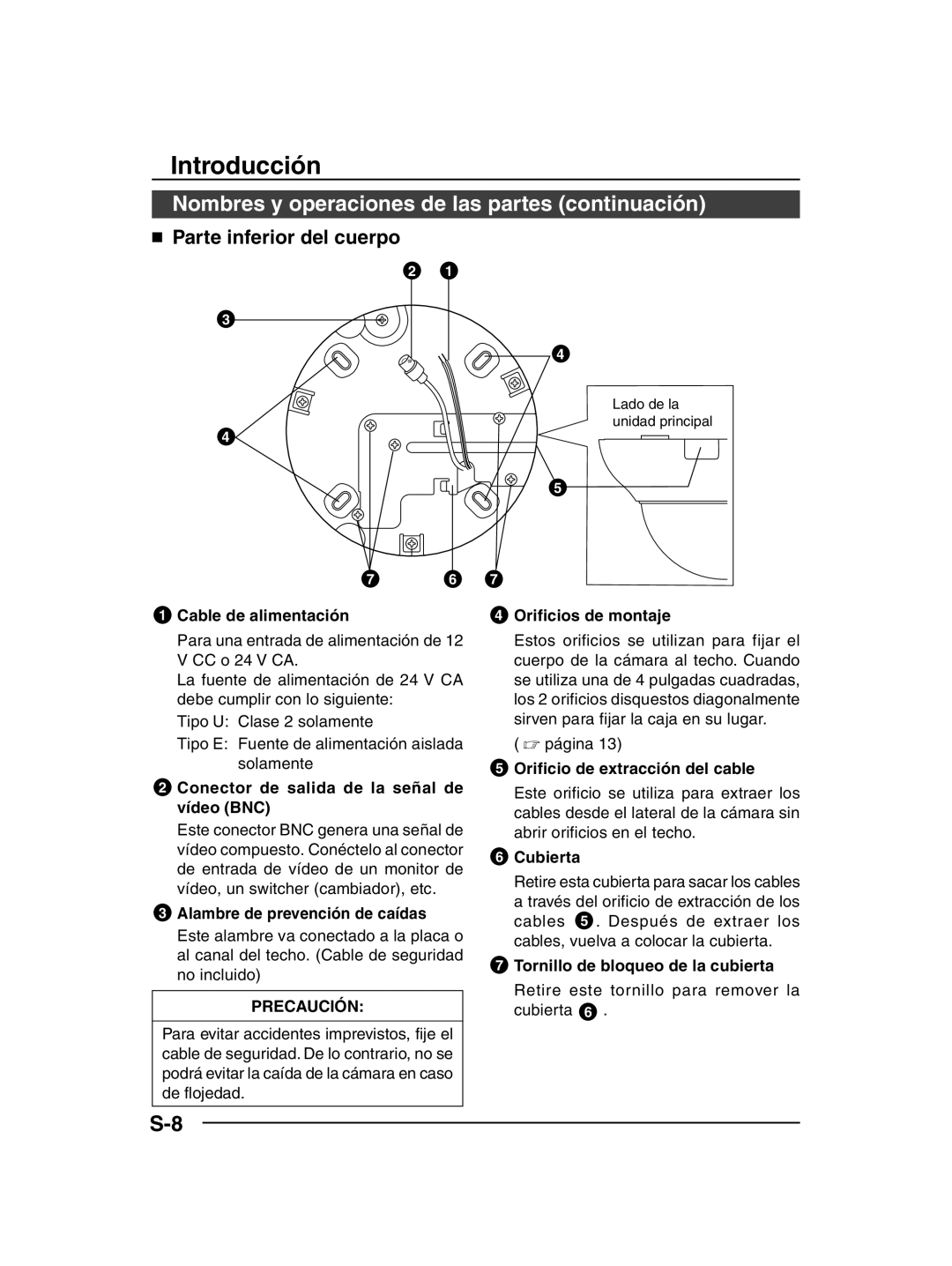 JVC TK-C205 manual Nombres y operaciones de las partes continuación,  Parte inferior del cuerpo 