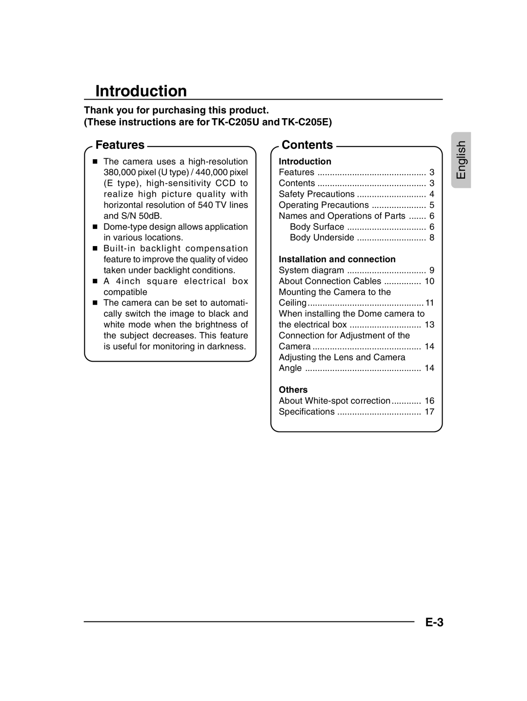 JVC TK-C205 manual Introduction, Features, Contents 