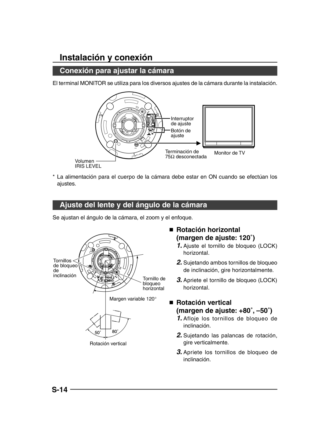 JVC TK-C205 manual Conexión para ajustar la cámara, Ajuste del lente y del ángulo de la cámara 