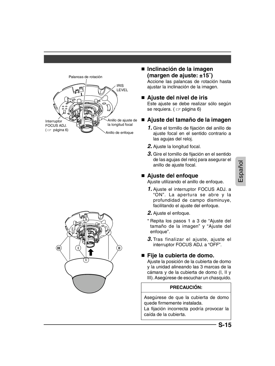 JVC TK-C205  Inclinación de la imagen Margen de ajuste ±15˚,  Ajuste del nivel de iris,  Ajuste del tamaño de la imagen 