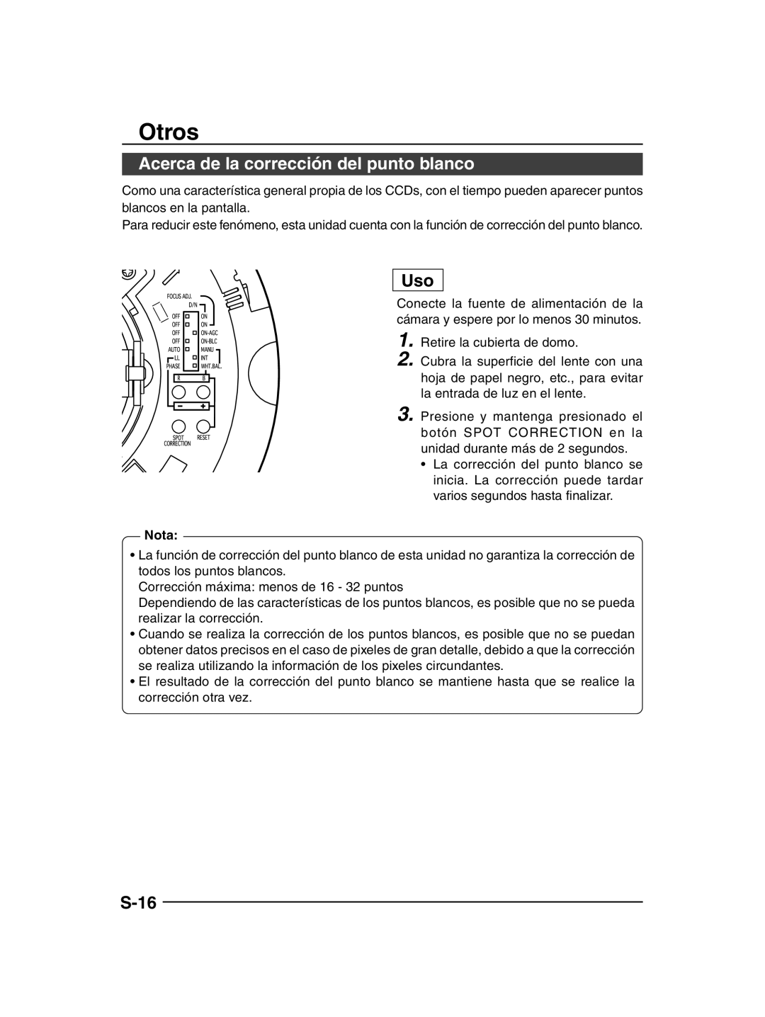 JVC TK-C205 manual Otros, Acerca de la corrección del punto blanco, Uso, Nota 