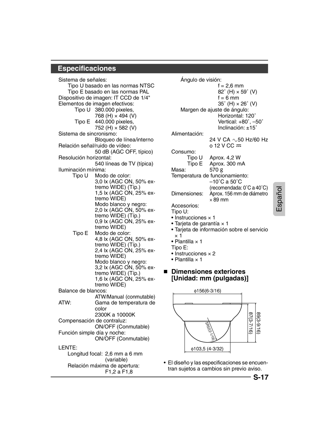 JVC TK-C205 manual Especificaciones,  Dimensiones exteriores Unidad mm pulgadas 