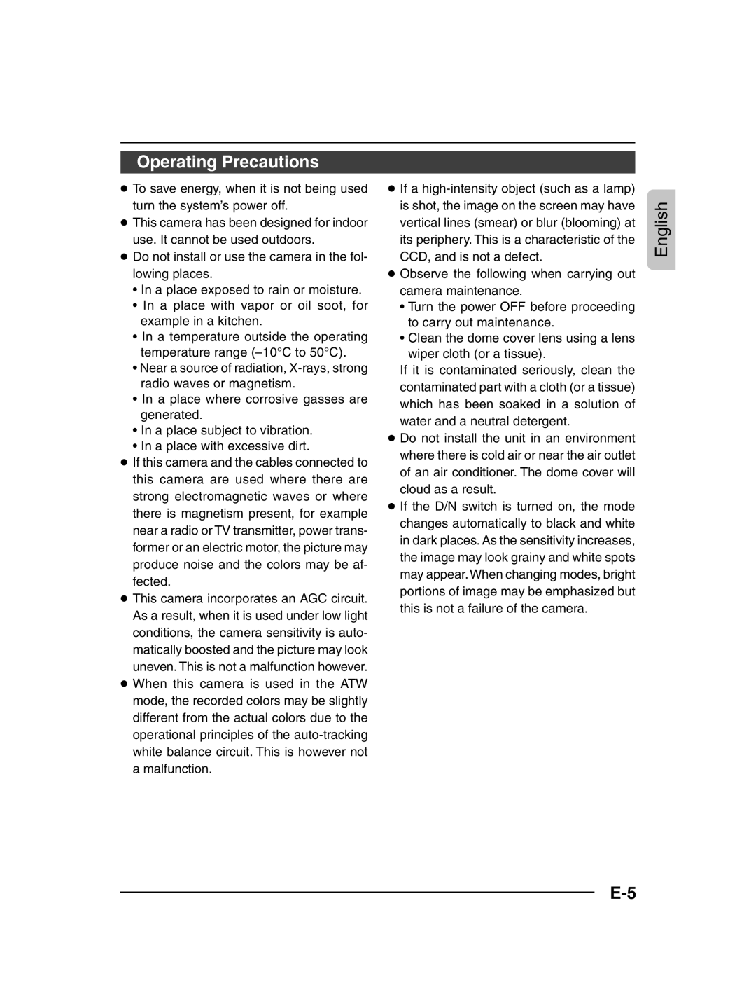 JVC TK-C205 manual Operating Precautions 