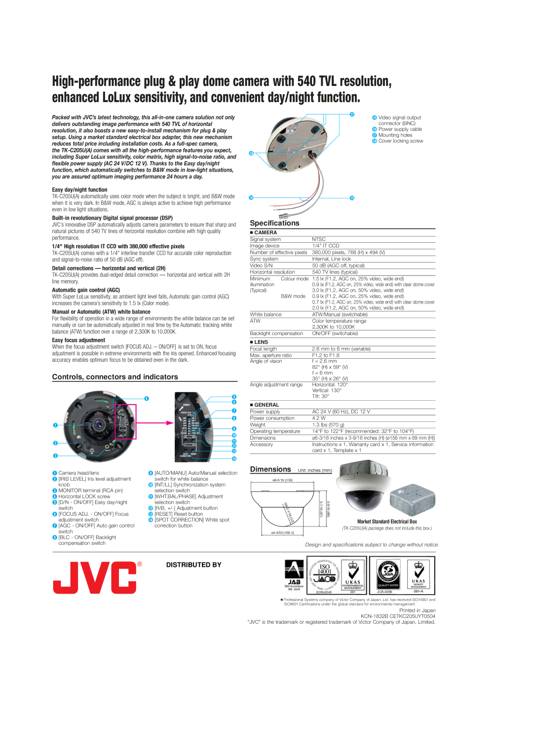 JVC TK-C205U(A) manual Specifications, Controls, connectors and indicators 