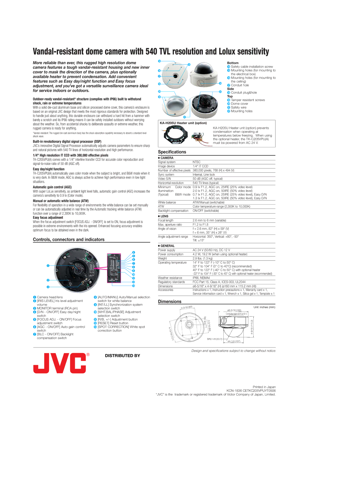 JVC TK-C205VPU(A) manual Controls, connectors and indicators, Specifications, Dimensions 