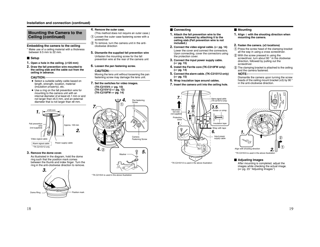 JVC TK-C210FW manual  Connecting  Mounting, Embedding the camera to the ceiling,  Setup,  Adjusting Images 