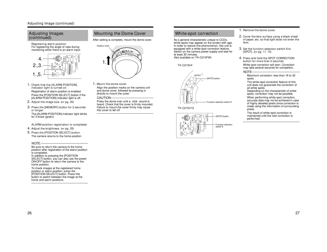 JVC TK-C210FW manual Mounting the Dome Cover, White-spot correction 