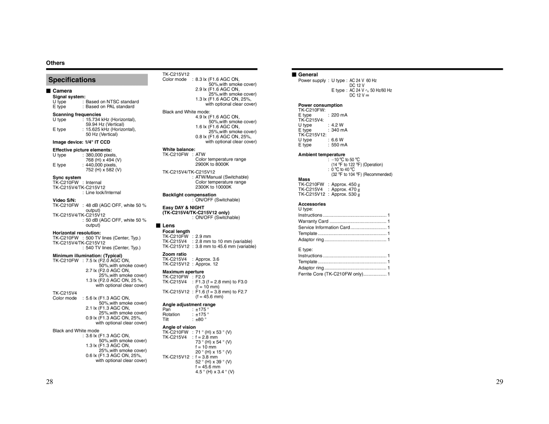 JVC TK-C210FW manual Specifications,  Camera,  General,  Lens 