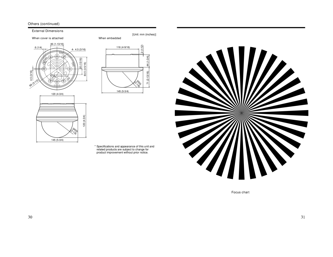 JVC TK-C210FW manual  External Dimensions, Focus chart, ‹ When cover is attached, Unit mm inches, ‹ When embedded 