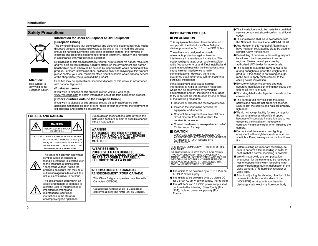 JVC TK-C210FW manual Safety Precautions, Business users, Other Countries outside the European Union 