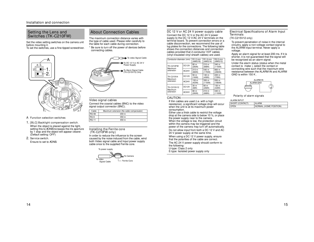 JVC manual Setting the Lens Switches TK-C210FW, About Connection Cables 