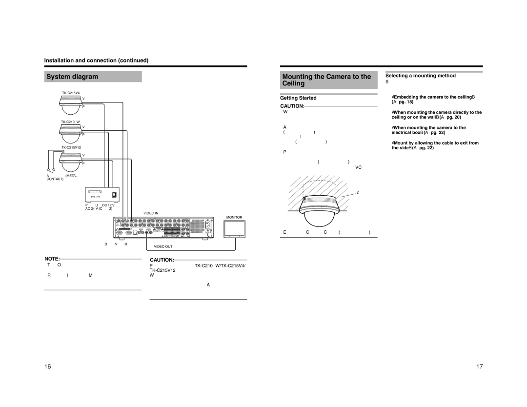 JVC TK-C210FW manual System diagram, Mounting the Camera to the Ceiling, Getting Started, Selecting a mounting method 