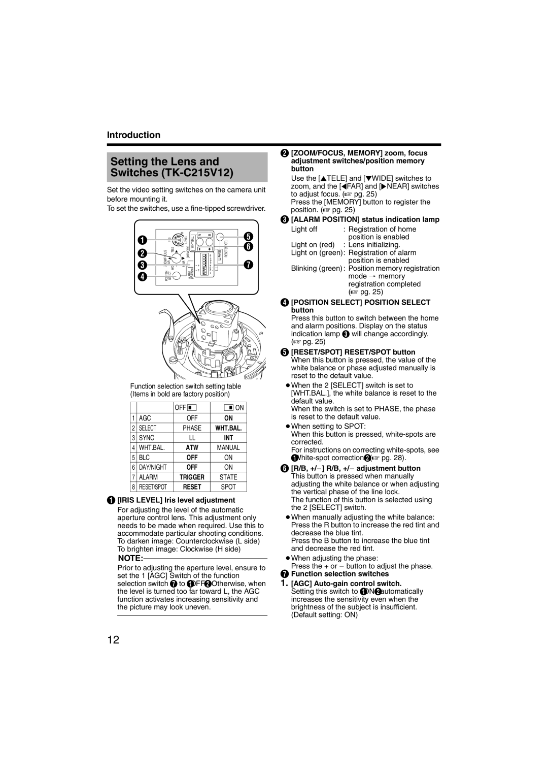 JVC TK-C215V4 manual Setting the Lens and Switches TK-C215V12, Alarm Position status indication lamp 