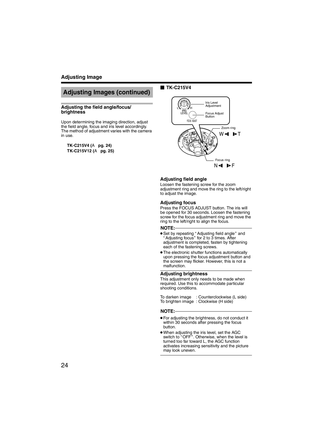 JVC TK-C215V12 manual Adjusting the field angle/focus/ brightness  TK-C215V4, Adjusting field angle, Adjusting focus 