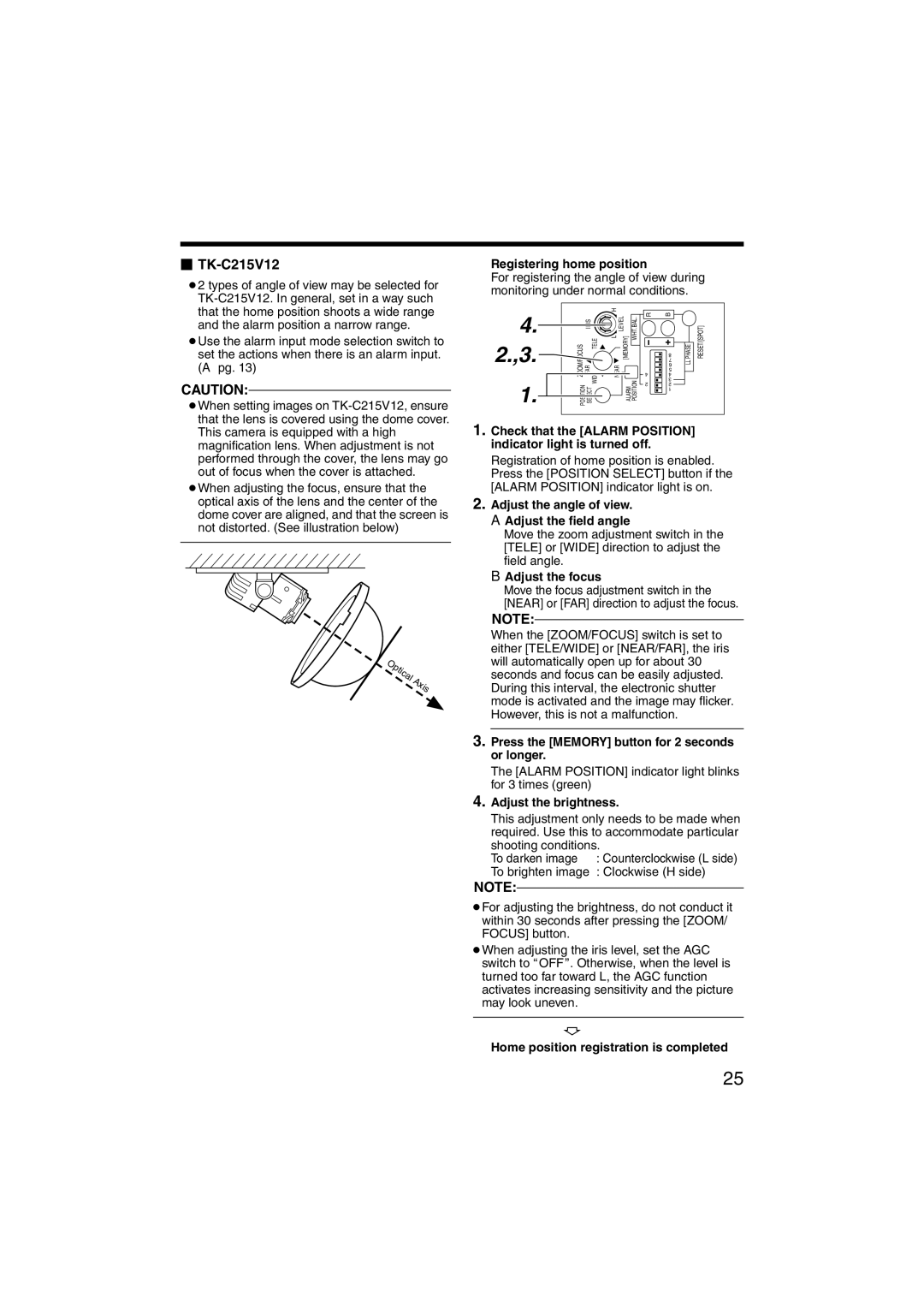 JVC TK-C215V4 manual  TK-C215V12, ‹ Registering home position, BAdjust the focus, Adjust the brightness 