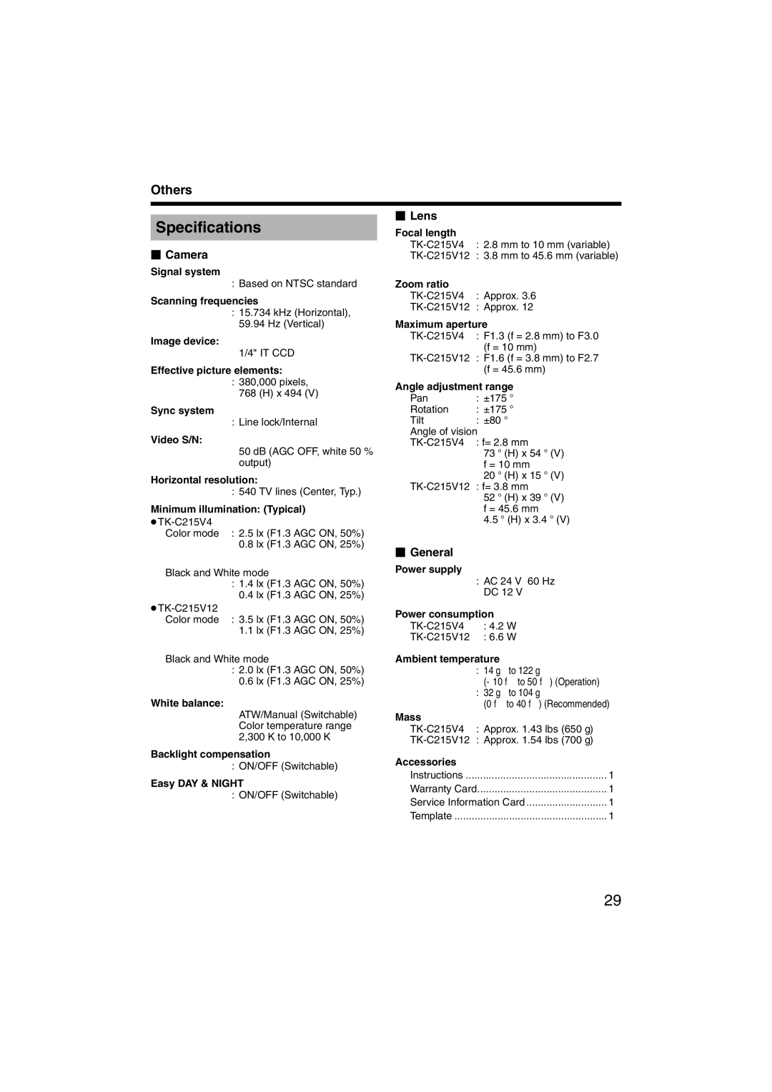 JVC TK-C215V4, TK-C215V12 manual Specifications,  Camera,  Lens,  General 