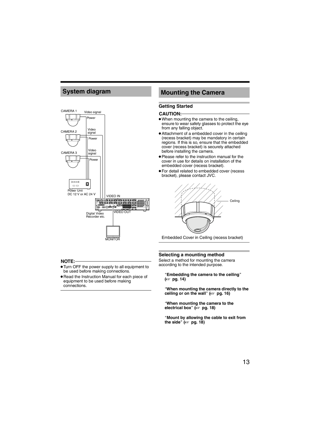 JVC TK-C215V4U manual System diagram Mounting the Camera, Getting Started, Selecting a mounting method 