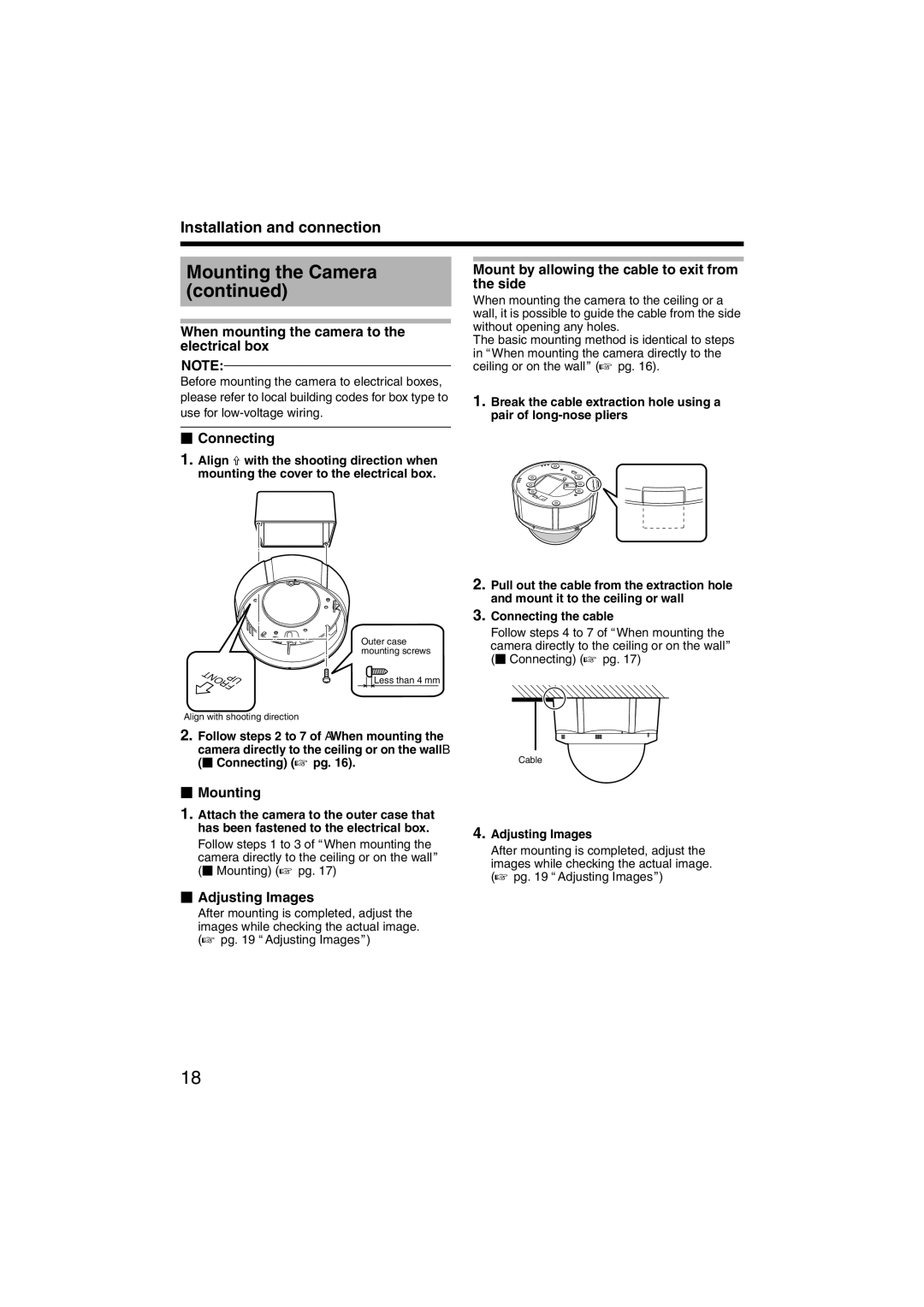 JVC TK-C215V4U manual When mounting the camera to the electrical box, Mount by allowing the cable to exit from the side 