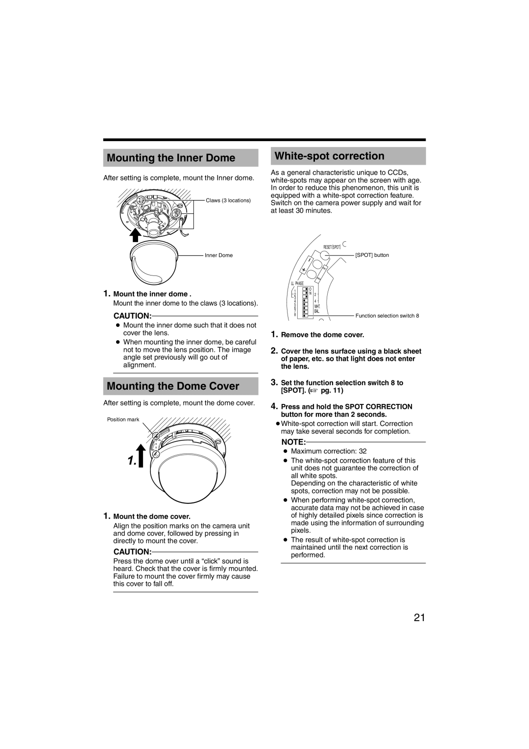 JVC TK-C215V4U manual Mounting the Inner Dome, Mounting the Dome Cover, White-spot correction, Mount the inner dome 