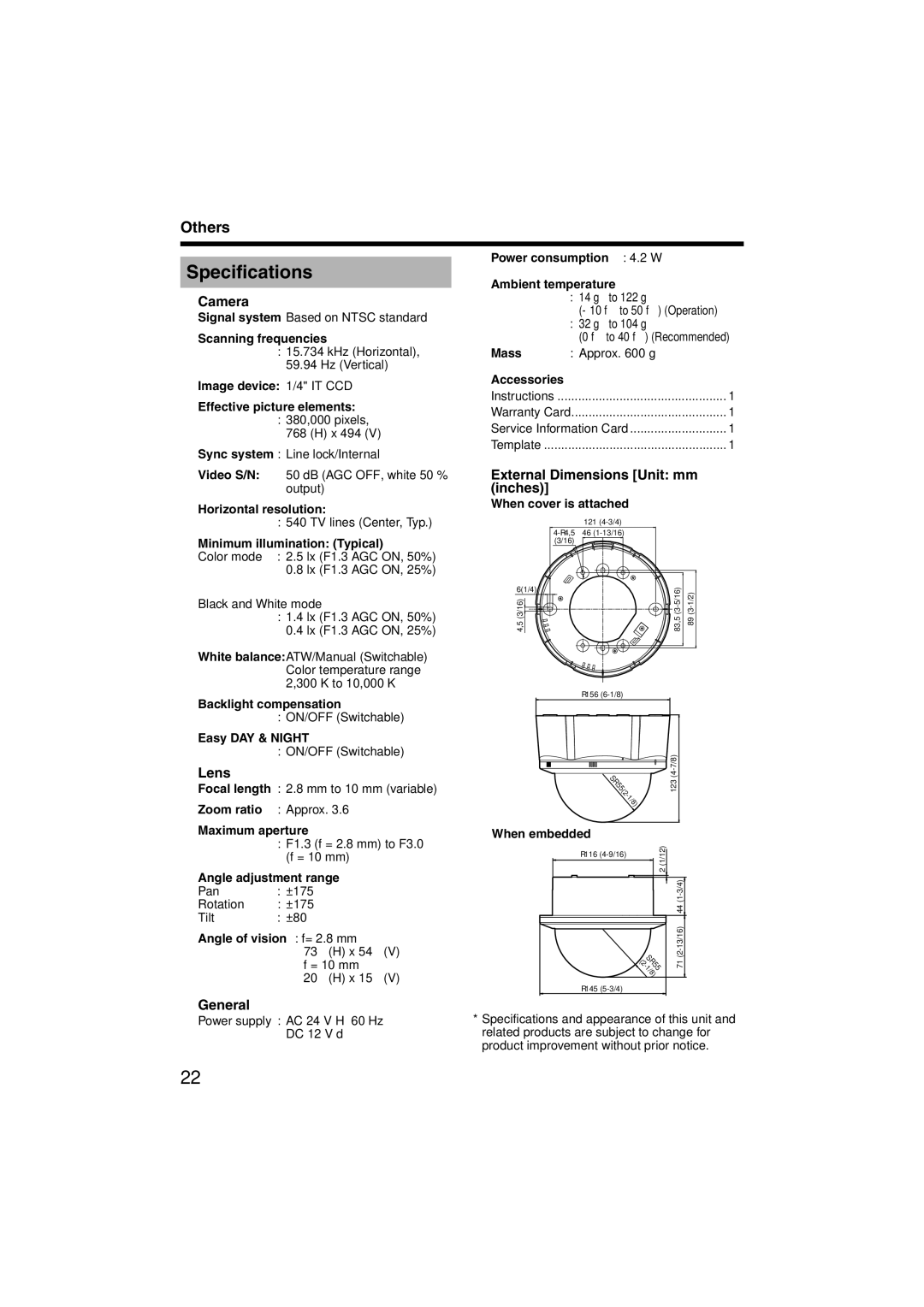 JVC TK-C215V4U manual Specifications,  Camera,  External Dimensions Unit mm inches,  Lens,  General 