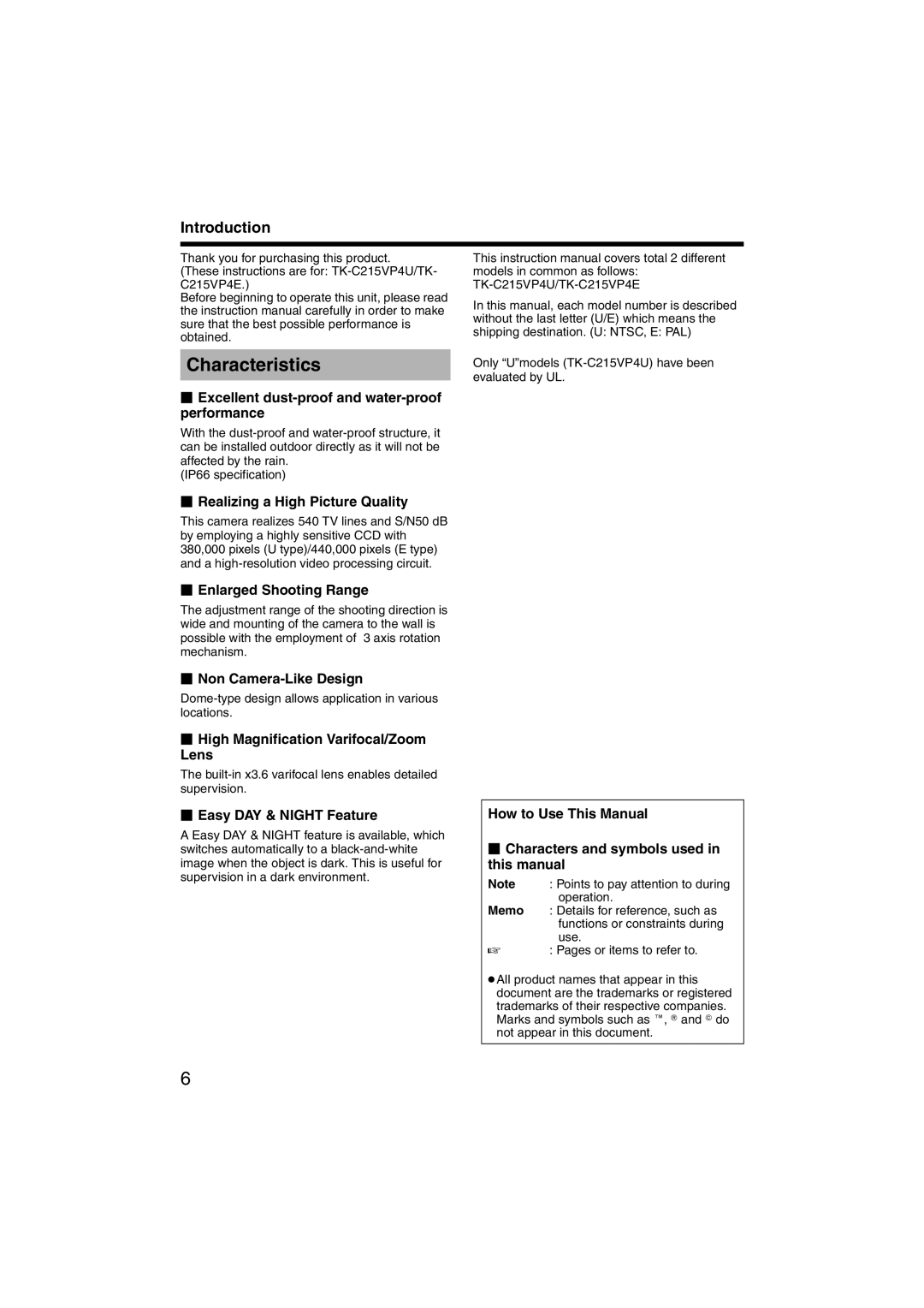 JVC TK-C215VP12, TK-C215VP4 instruction manual Characteristics 