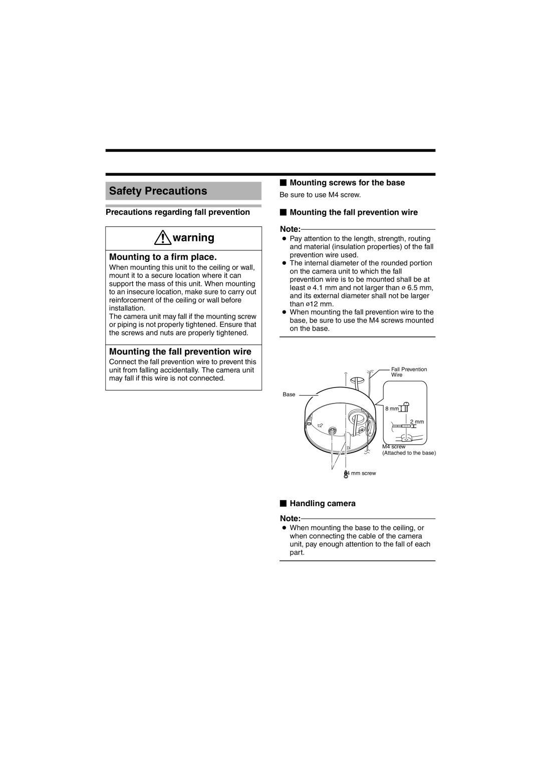 JVC TK-C215VP12, TK-C215VP4 Safety Precautions, Precautions regarding fall prevention,  Mounting screws for the base 